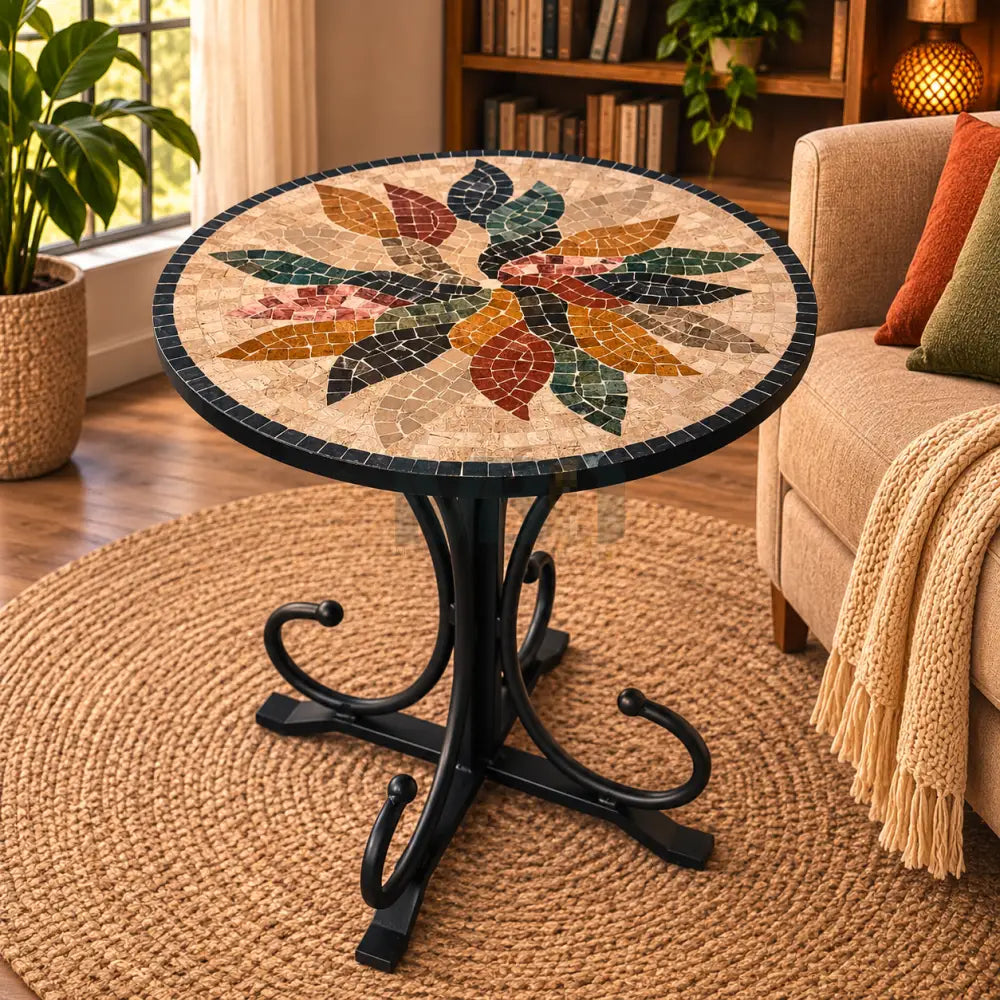 Floral Harmony Mosaic Coffee Table - Ornate Curve Base for Western Home Decor - 16” x 16” x 20”