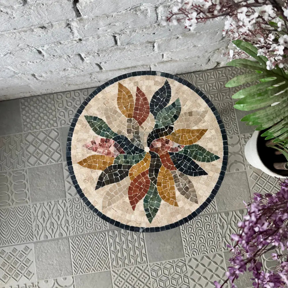 Floral Harmony Mosaic Coffee Table - Ornate Curve Base for Western Home Decor 16” x 16” x 20”