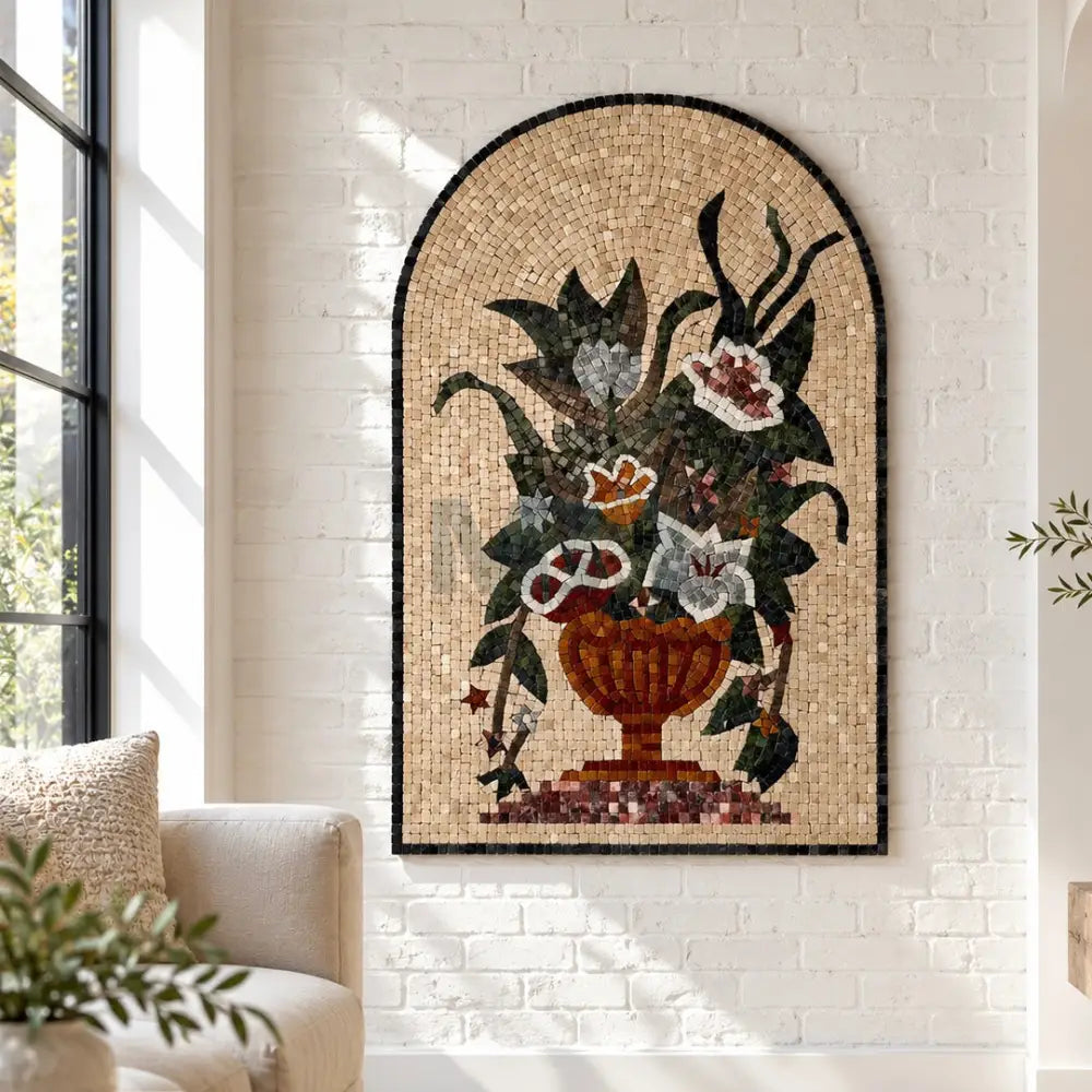 Floral Mosaic Vase Wall Hanging – Artisan Stone Artwork - 36’’x24’’ - Wall Hangings