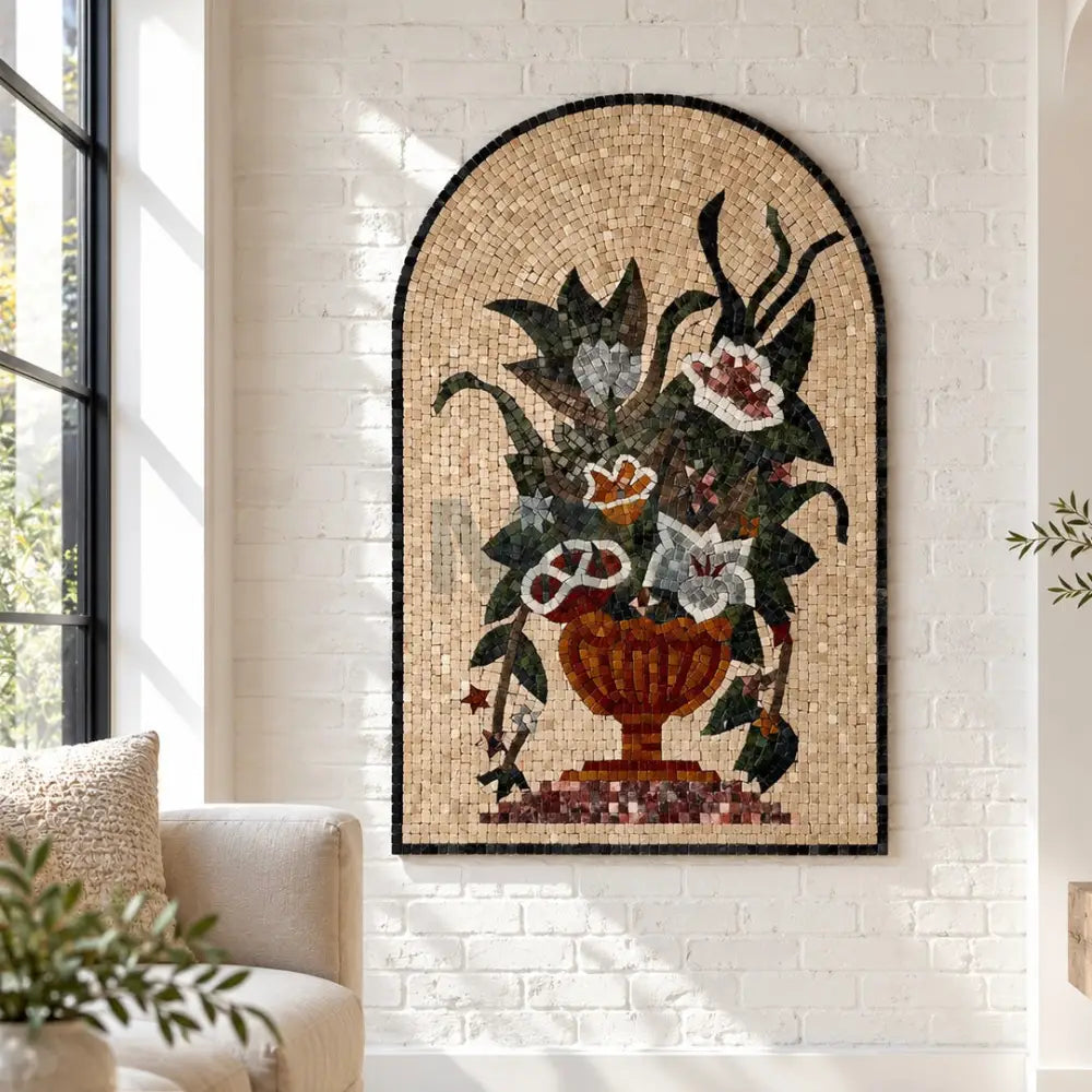 Floral Mosaic Vase Wall Hanging – Artisan Stone Artwork - 36’’x24’’ - Wall Hangings