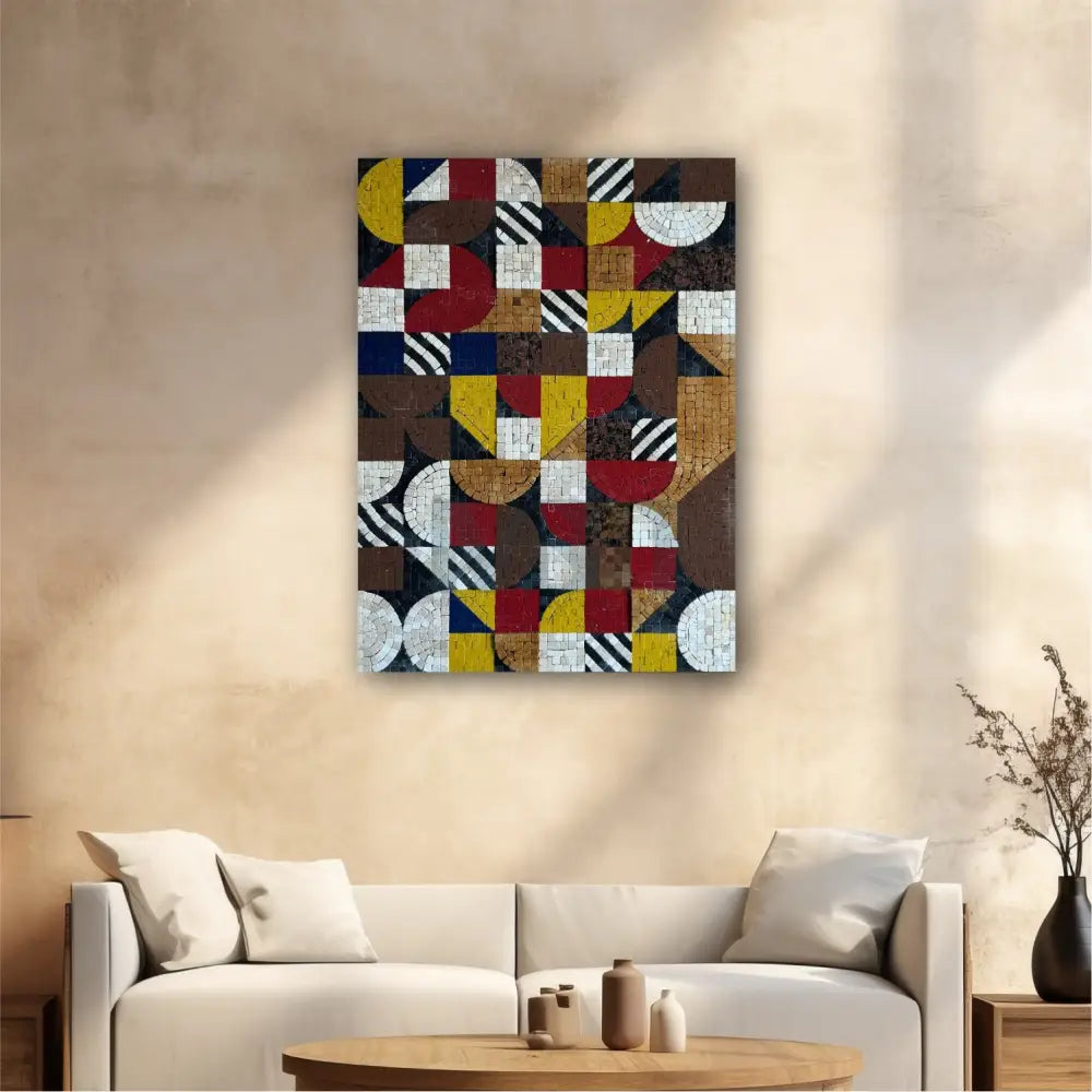 Abstract geometric mosaic wall art featuring a variety of natural and artificial stones, displayed above a sofa in a well-lit room.