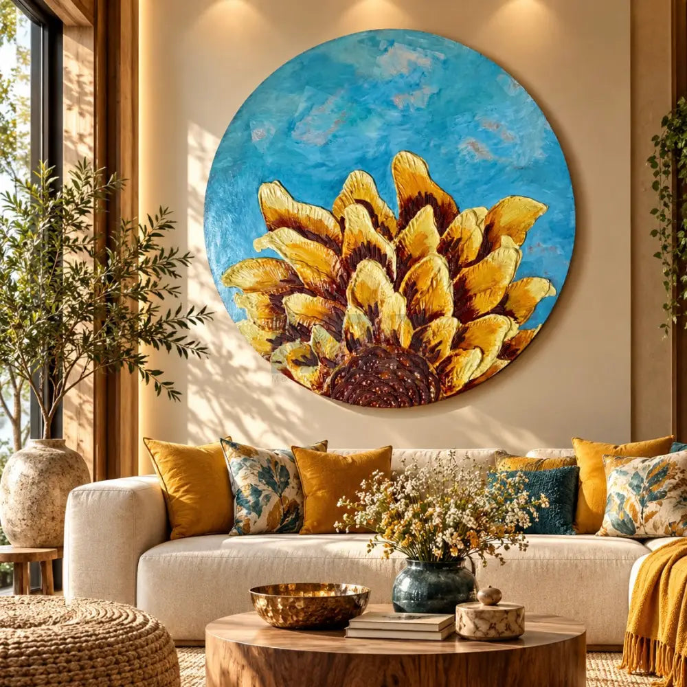 Golden Sunflower Bloom - Handmade Mosaic Texture Work with Earthy Tones
