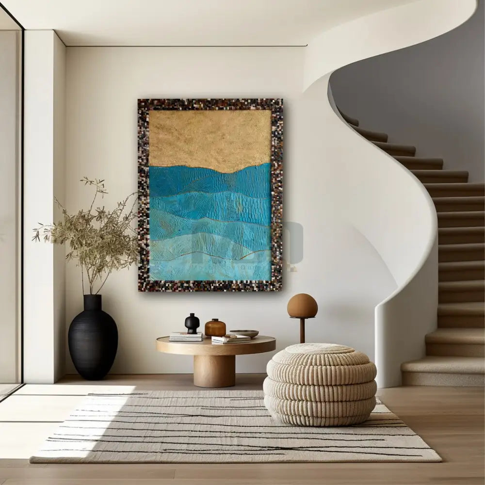 A mosaic art piece with golden tones and textured design, displayed on a wall above a modern white sink and brown wooden counter, with a stylized indoor setting.