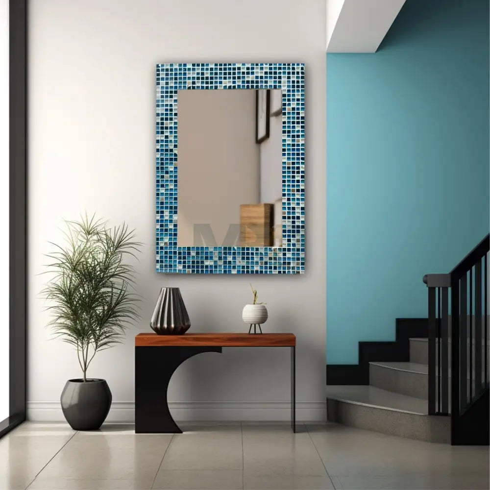Handcrafted Blue Glass Mosaic Mirror – Azure Reflection Wall Art Luxurious Quirky Home Decor 32’’x24’’ Wall Hangings