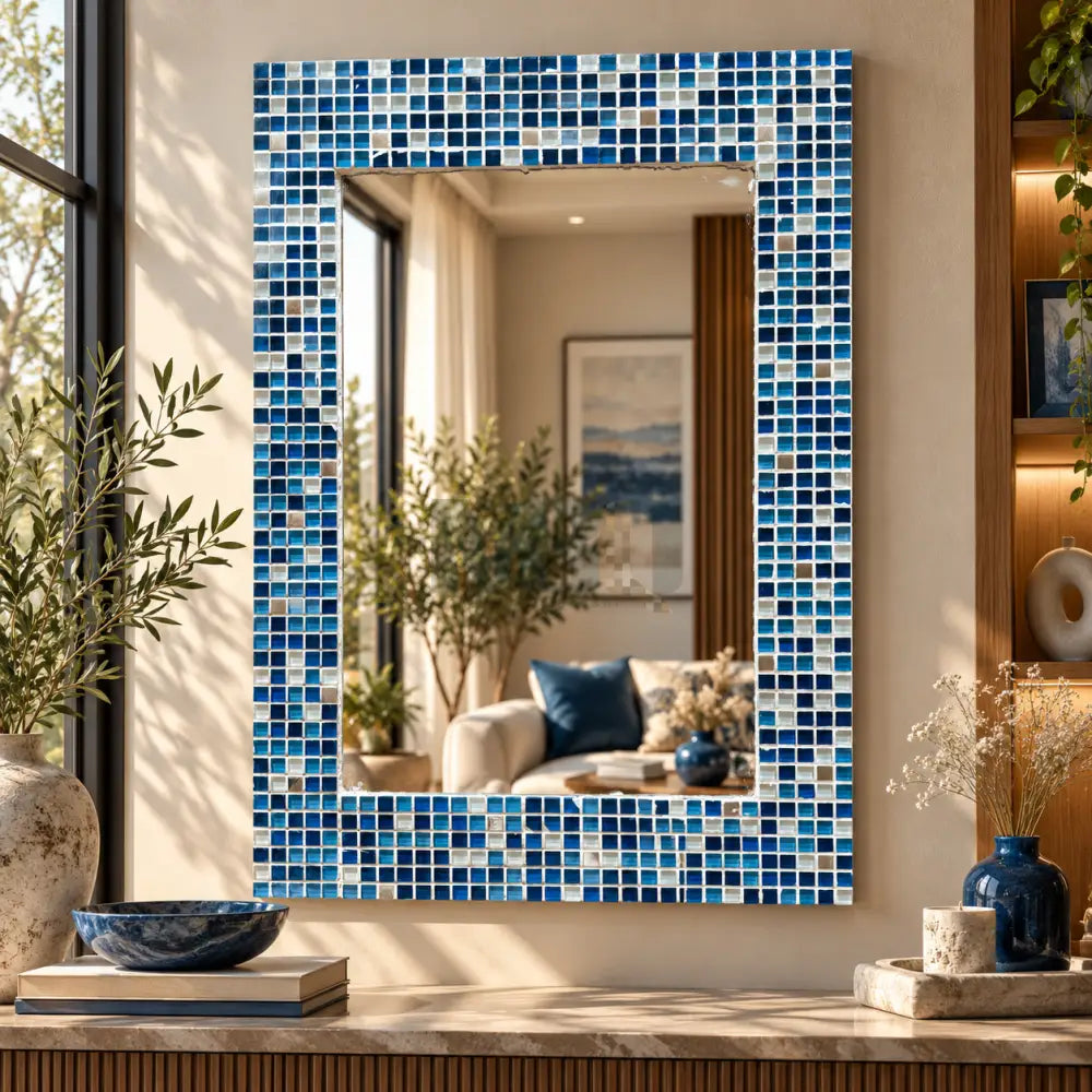 Handcrafted Blue Glass Mosaic Mirror – Azure Reflection Wall Art Luxurious Quirky Home Decor - 32’’x24’’ - Wall Hangings