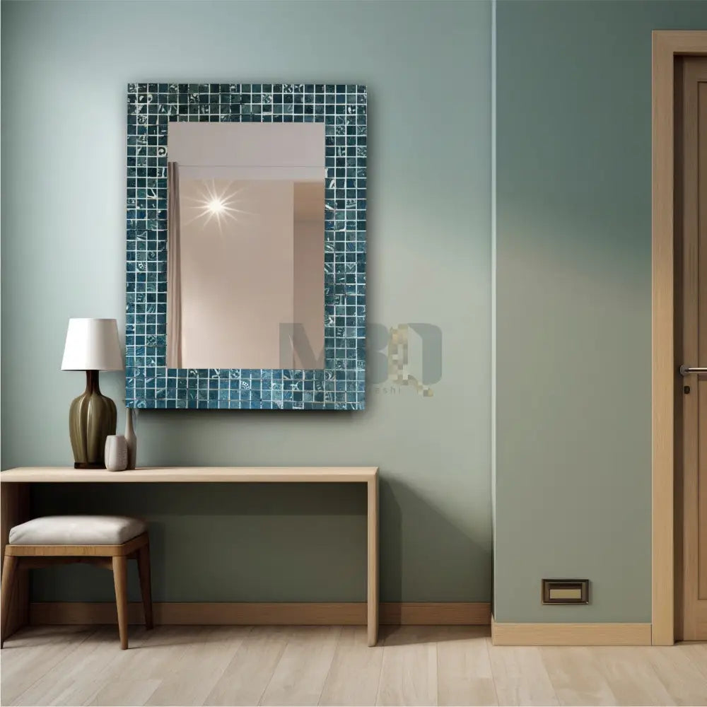 Handcrafted Blue Marble Mosaic Mirror – Azure Reflection Wall Art for Antique Home Decor 32’’x24’’ Wall Hangings