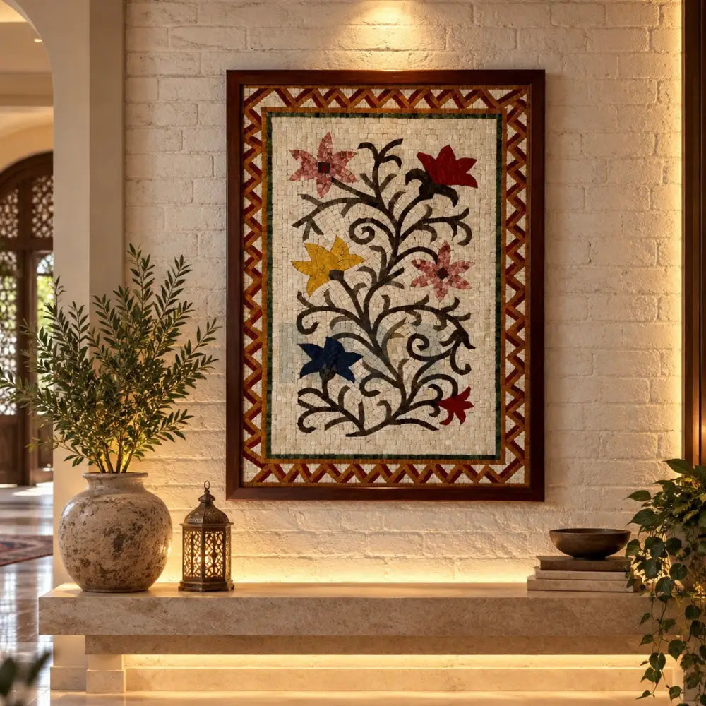 Handcrafted Floral Vine Design Decorative Frame – Premium Mosaic Hanging Wall Art - 42’’ x 32’’