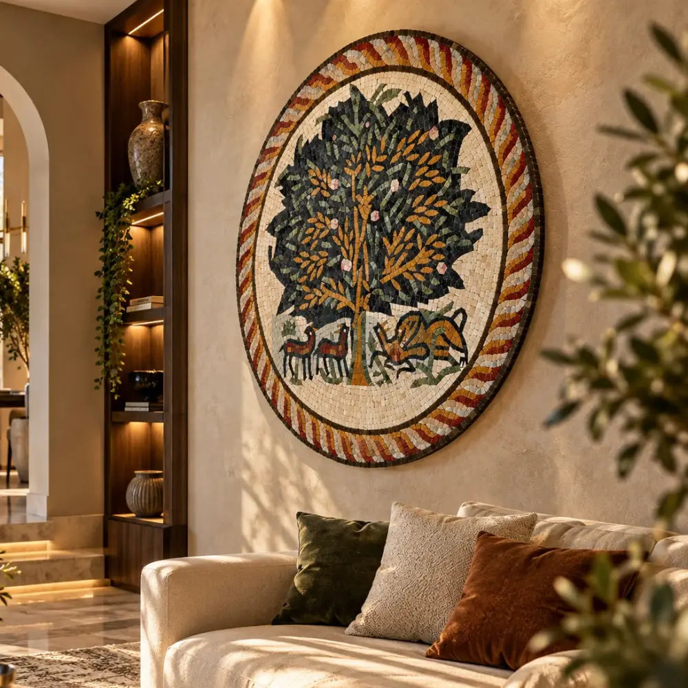 Handmade Decorative Tree Design Round Mosaic Wall Decor for Living Room Bedroom Boho Home Accent - 36” x 36”