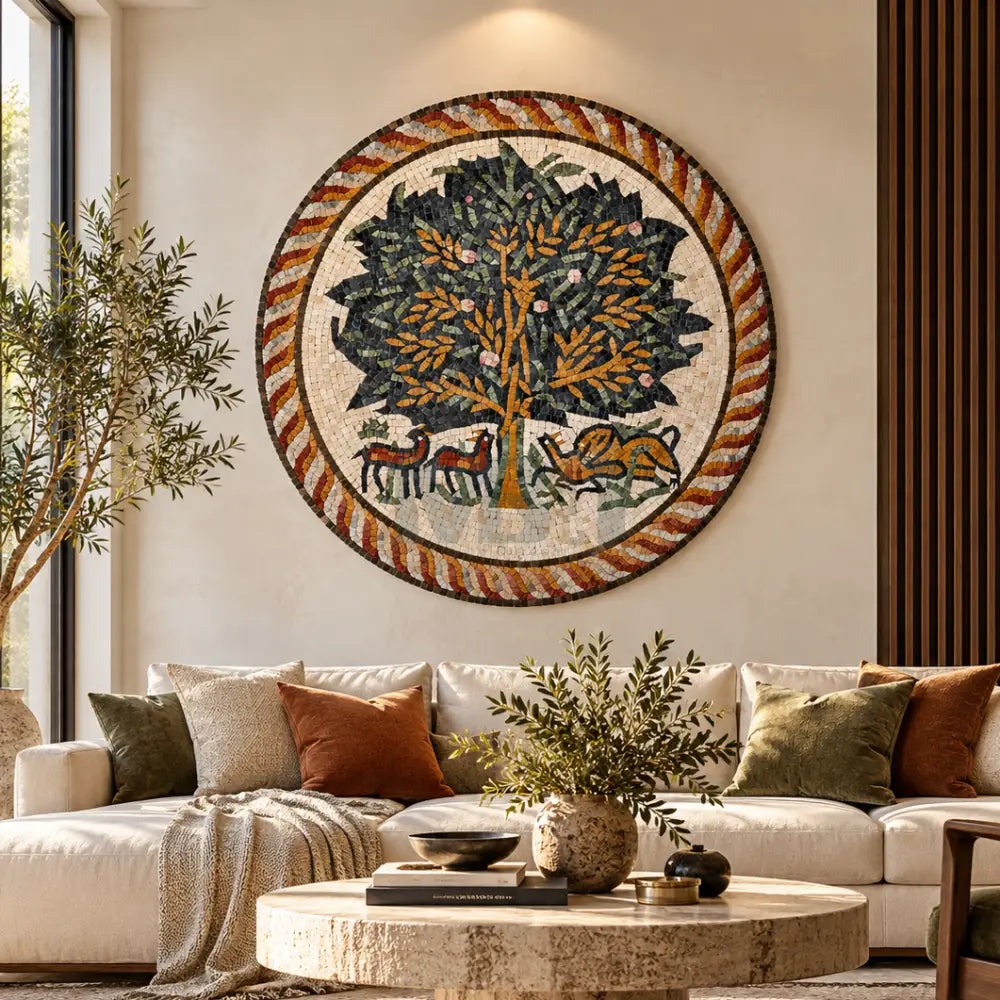 Handmade Decorative Tree Design Round Mosaic Wall Decor for Living Room Bedroom Boho Home Accent - 36” x 36”