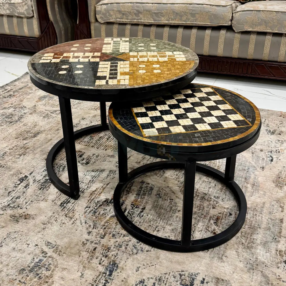 Handmade Ludo & Chess Mosaic Nesting Premium Table Ludo 24’’ Diameter - Chess 18’’ Diameter