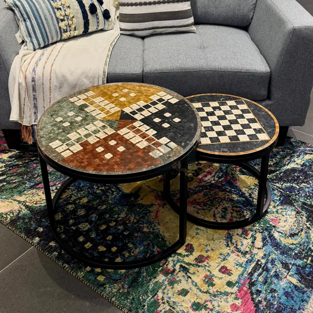 Handmade Ludo & Chess Mosaic Nesting Premium Table Ludo 24’’ Diameter - Chess 18’’ Diameter