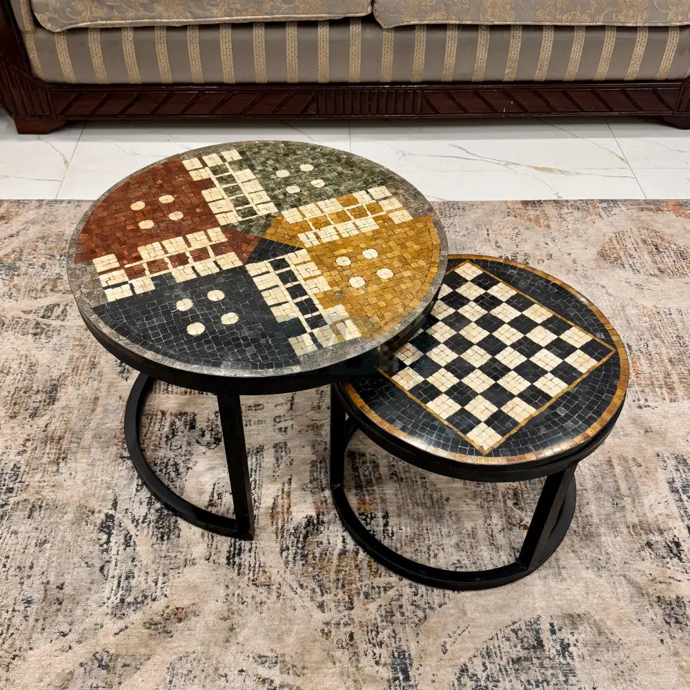 Handmade Ludo & Chess Mosaic Nesting Premium Table Ludo 24’’ Diameter - Chess 18’’ Diameter