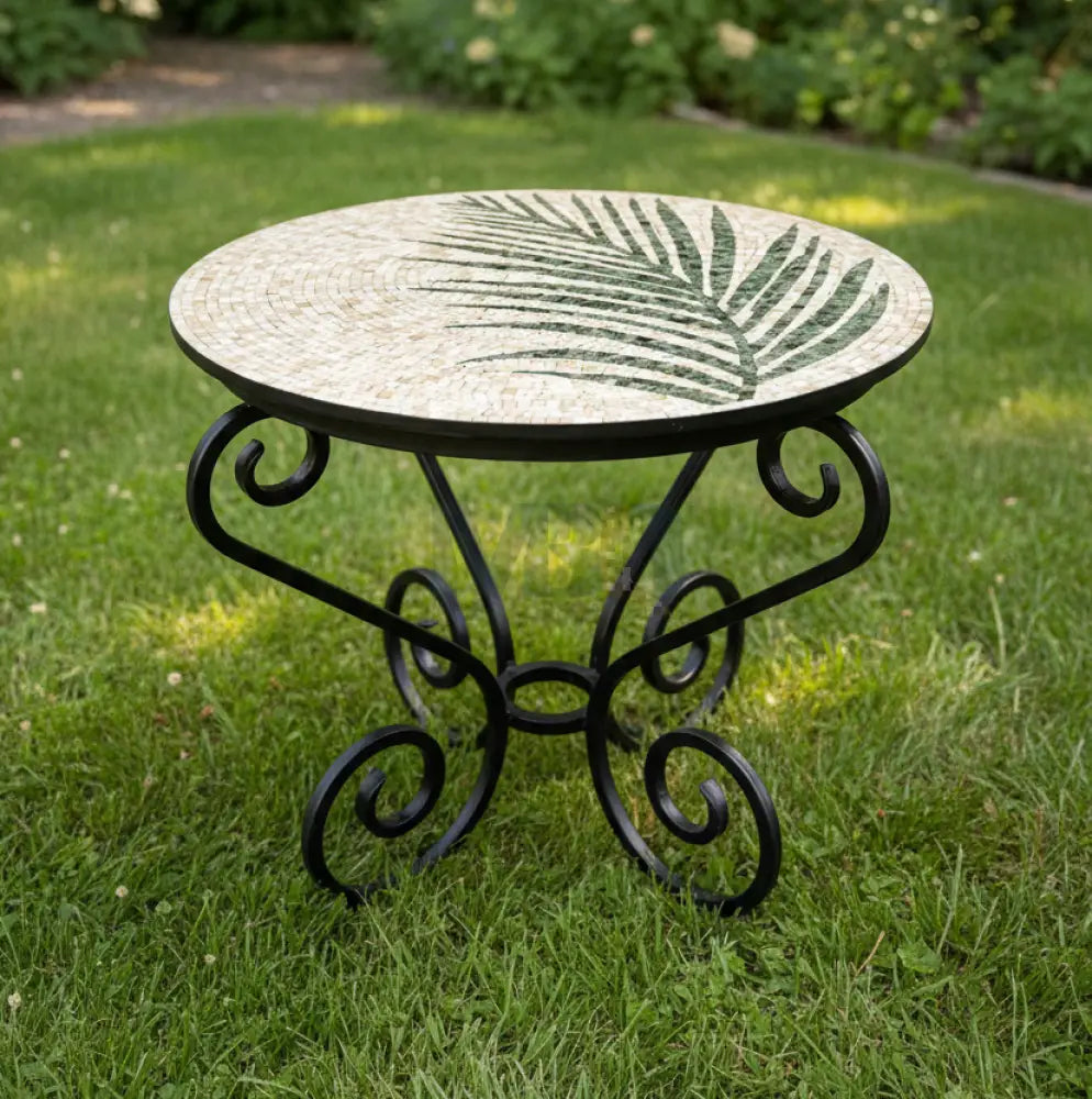 Handmade Round Mosaic Patio Table – Cream Leaf Design with Wrought Iron Base - 36’’ x 36’’ x 30’’