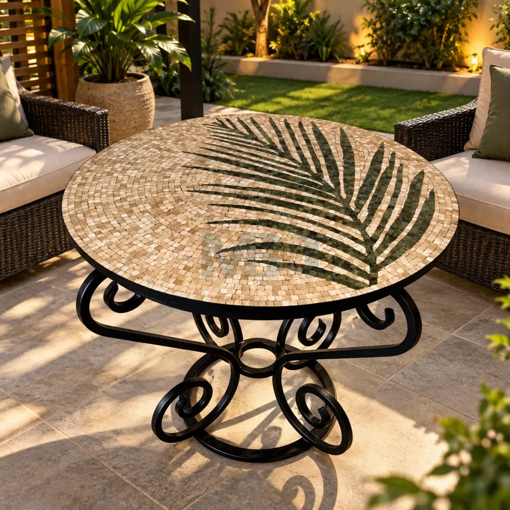 Handmade Round Mosaic Patio Table – Cream Leaf Design with Wrought Iron Base - 36’’ x 36’’ x 30’’