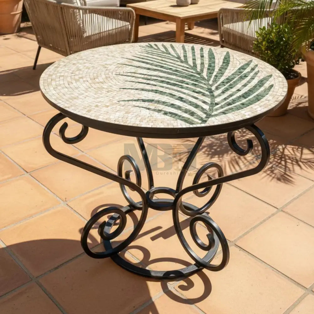 Handmade Round Mosaic Patio Table – Cream Leaf Design with Wrought Iron Base - 36’’ x 36’’ x 30’’