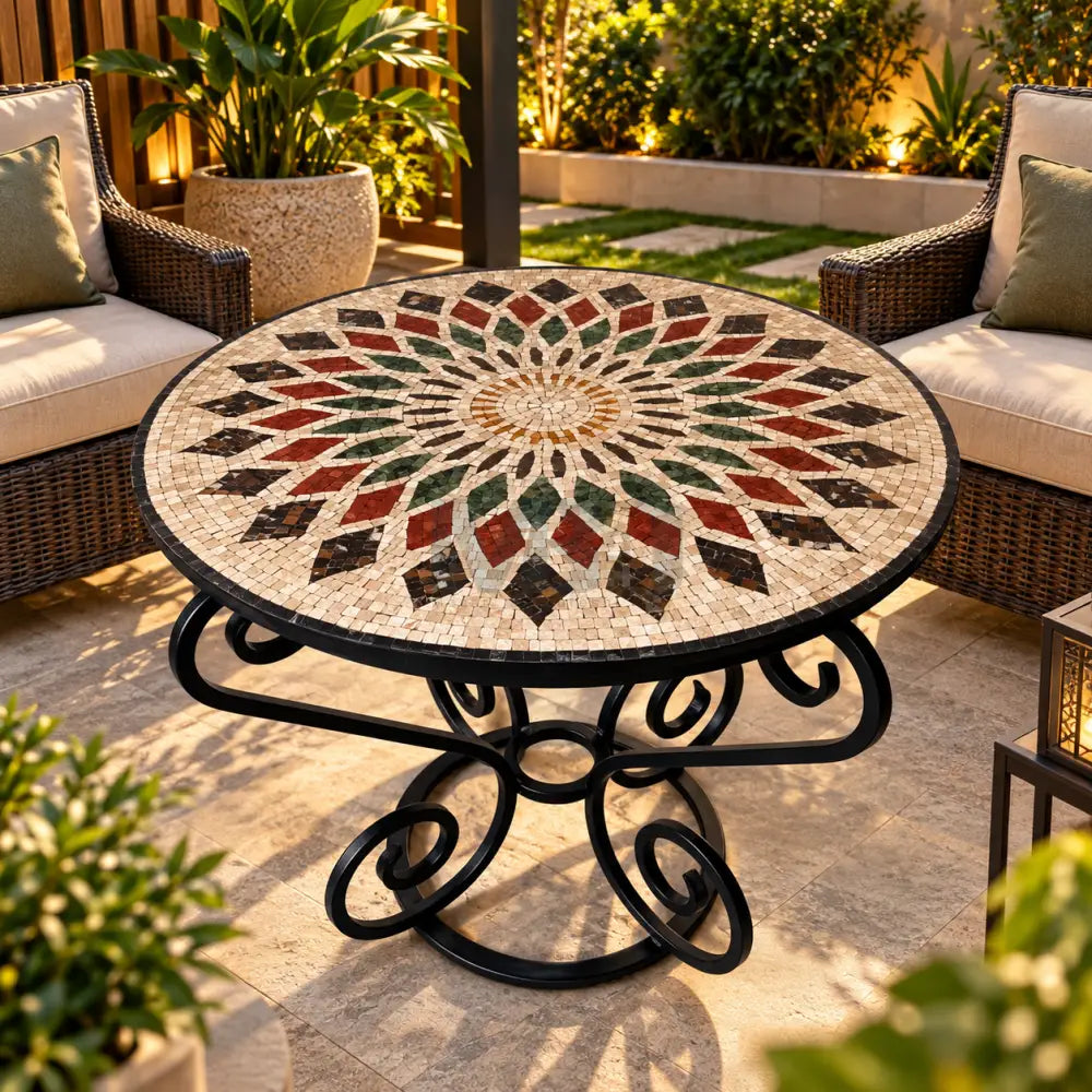 Handmade Round Mosaic Patio Table – Geometric Sunburst Mandala Design with Wrought Iron Base - 36’’ x 36’’ x 30’’