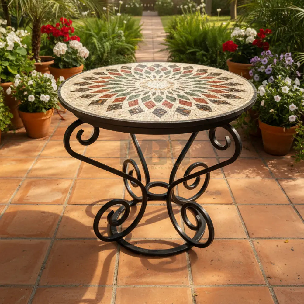Handmade Round Mosaic Patio Table – Geometric Sunburst Mandala Design with Wrought Iron Base - 36’’ x 36’’ x 30’’