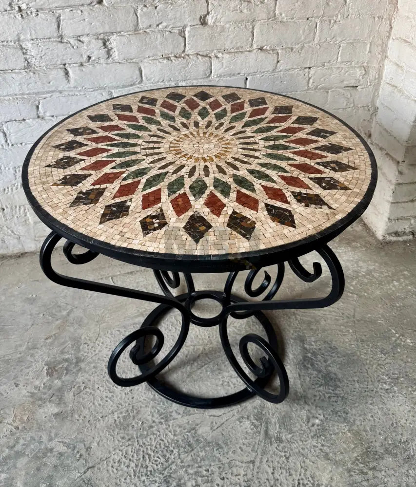 Handmade Round Mosaic Patio Table – Geometric Sunburst Mandala Design with Wrought Iron Base - 36’’ x 36’’ x 30’’