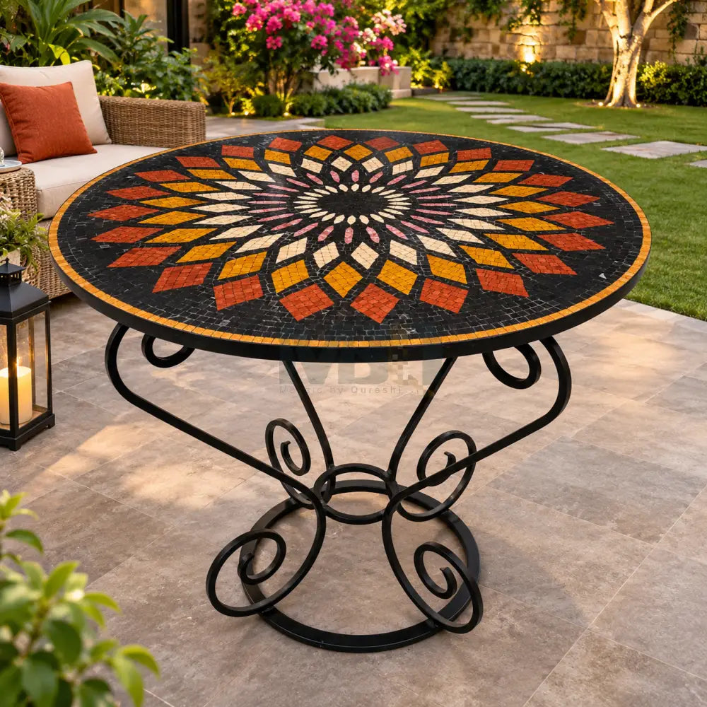 Handmade Round Mosaic Patio Table – Geometric Sunburst Mandala Design with Wrought Iron Base - 36’’ x 36’’ x 30’’