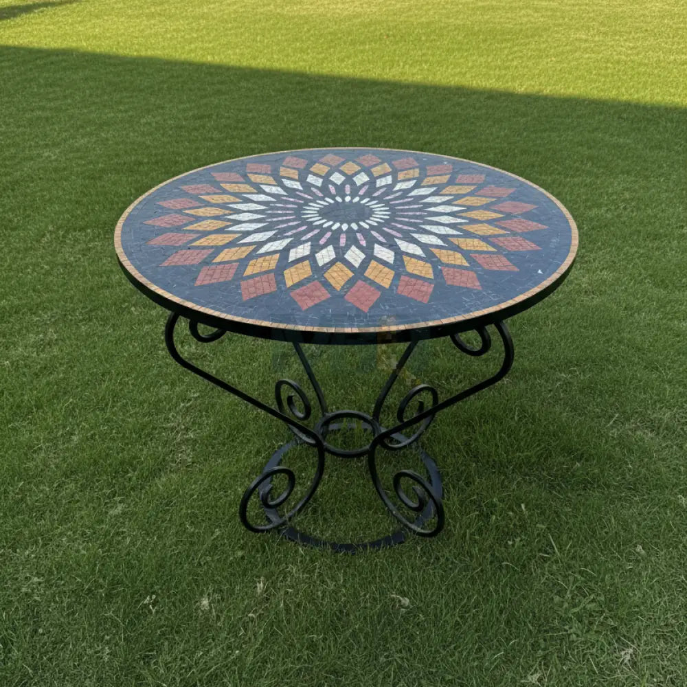 Handmade Round Mosaic Patio Table – Geometric Sunburst Mandala Design with Wrought Iron Base 36’’ x 36’’ x 30’’