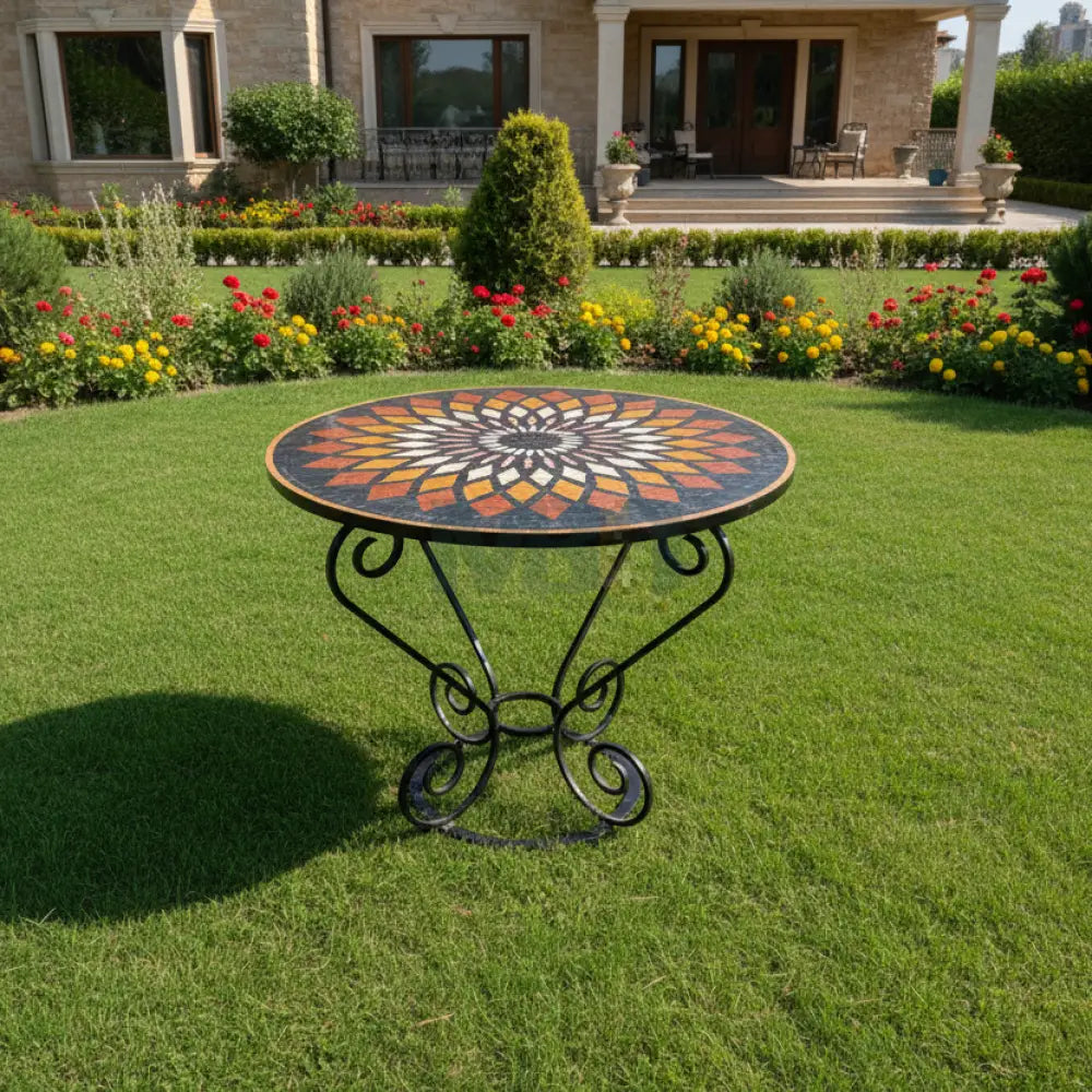 Handmade Round Mosaic Patio Table – Geometric Sunburst Mandala Design with Wrought Iron Base 36’’ x 36’’ x 30’’