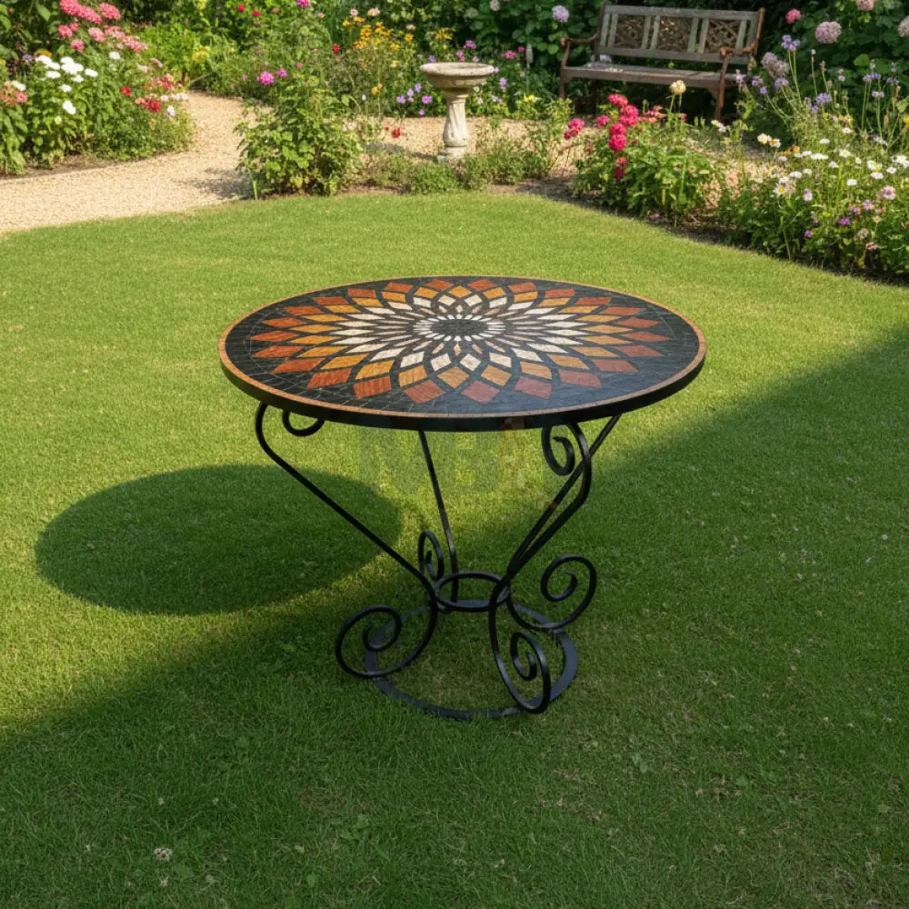 Handmade Round Mosaic Patio Table – Geometric Sunburst Mandala Design with Wrought Iron Base 36’’ x 36’’ x 30’’