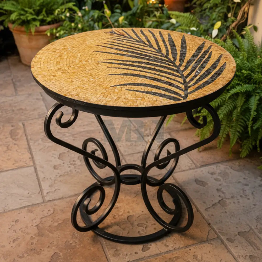 Handmade Round Mosaic Patio Table – Gold Leaf Design with Wrought Iron Base - 36’’ x 36’’ x 30’’