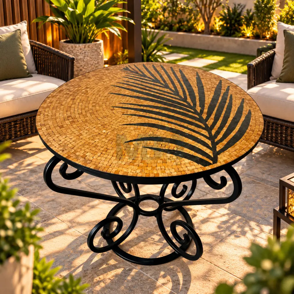 Handmade Round Mosaic Patio Table – Gold Leaf Design with Wrought Iron Base - 36’’ x 36’’ x 30’’