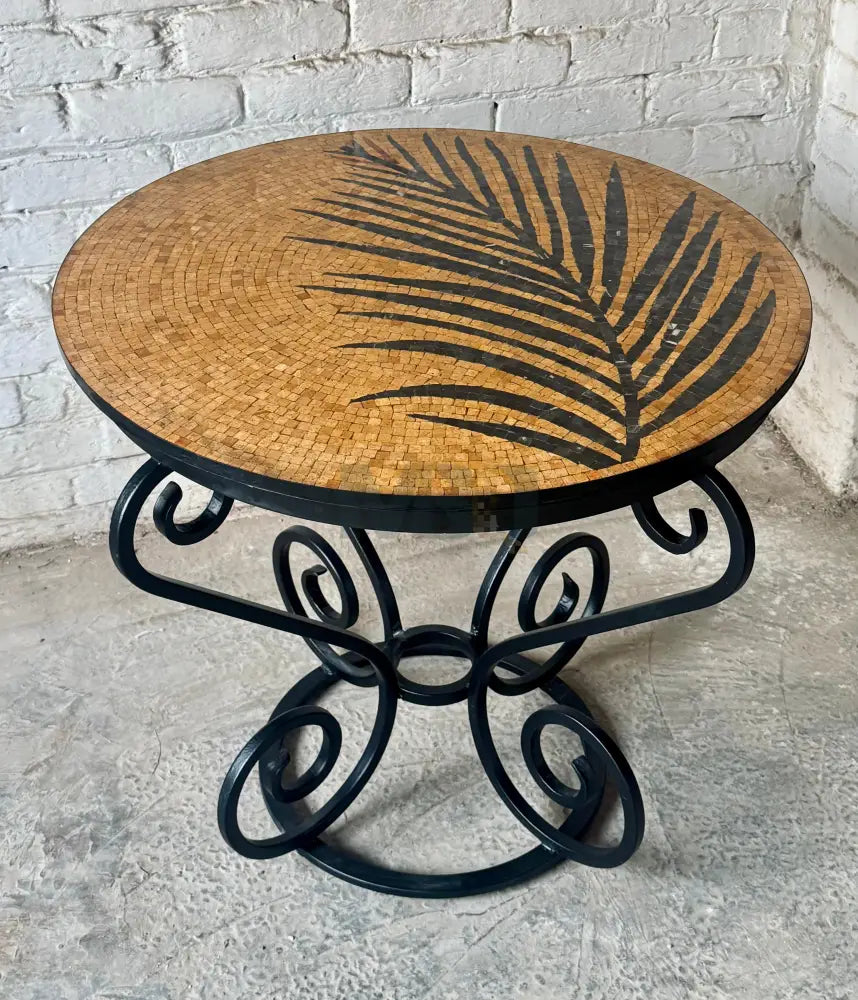 Handmade Round Mosaic Patio Table – Gold Leaf Design with Wrought Iron Base - 36’’ x 36’’ x 30’’