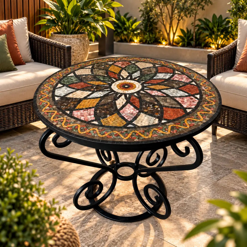 Handmade Round Mosaic Patio Table – Multi-Coloue Spectrum Design with Wrought Iron Base - 36’’ x 36’’ x 30’’