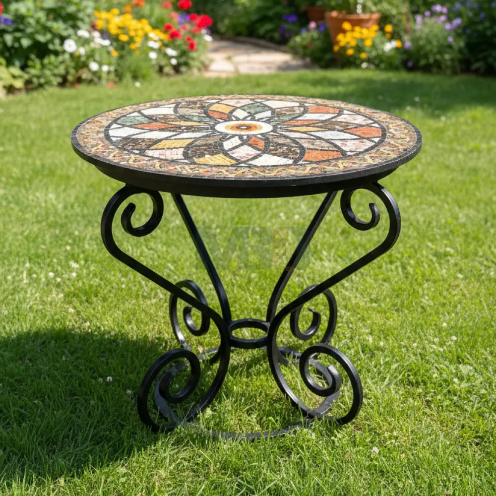 Handmade Round Mosaic Patio Table – Multi-Coloue Spectrum Design with Wrought Iron Base - 36’’ x 36’’ x 30’’