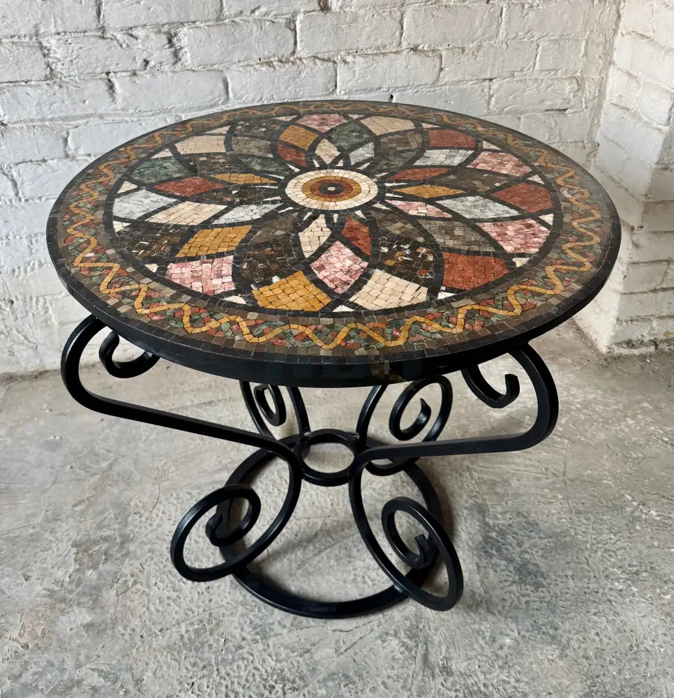 Handmade Round Mosaic Patio Table – Multi-Coloue Spectrum Design with Wrought Iron Base - 36’’ x 36’’ x 30’’