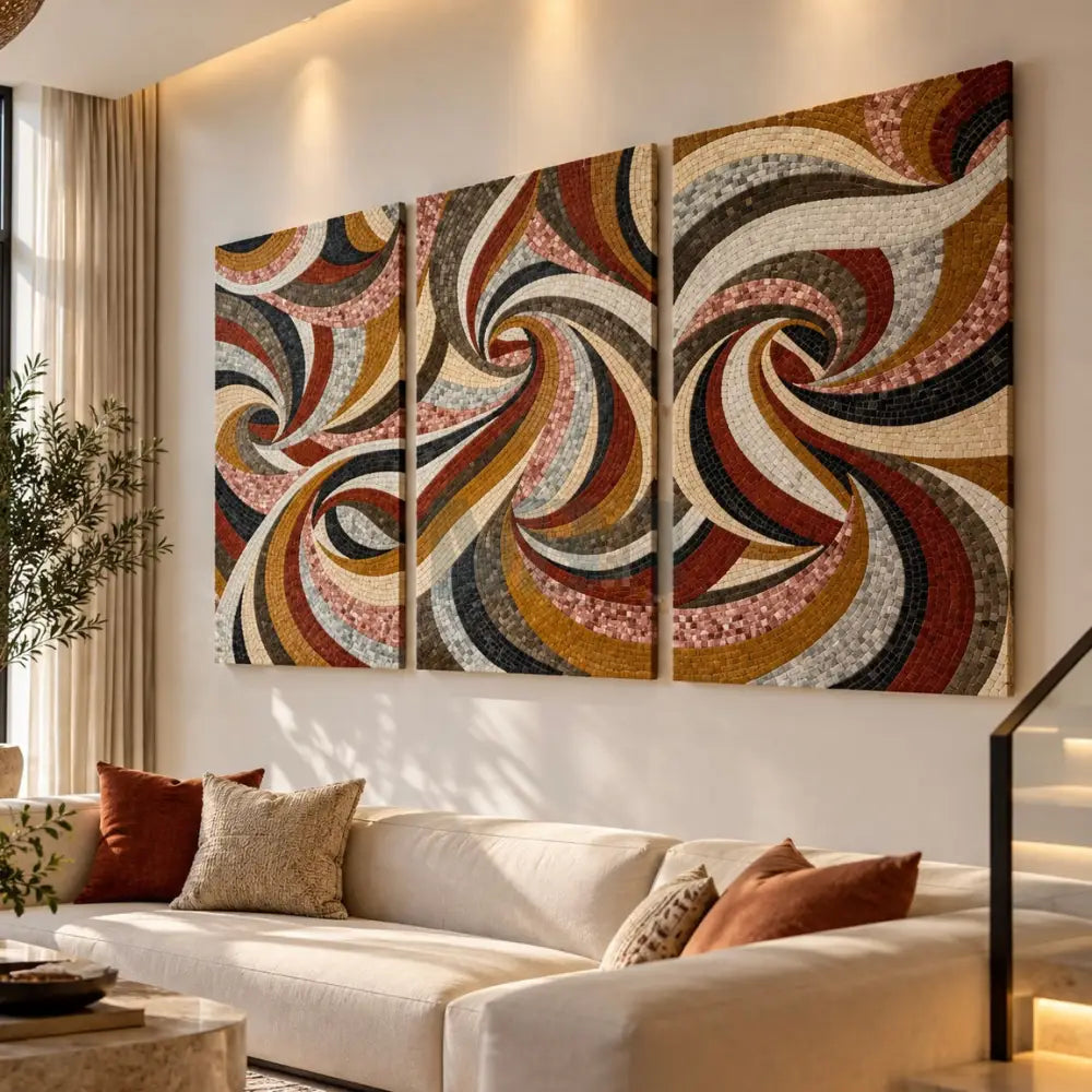 Large Abstract Art for Big Spaces – 3 Panel Mosaic Wall Artwork for Modern Living Room Decor