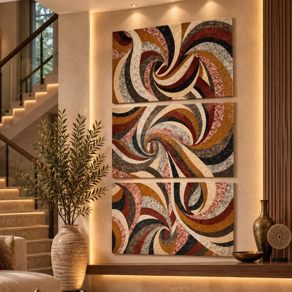 Large Abstract Art for Big Spaces – 3 Panel Mosaic Wall Artwork for Modern Living Room Decor