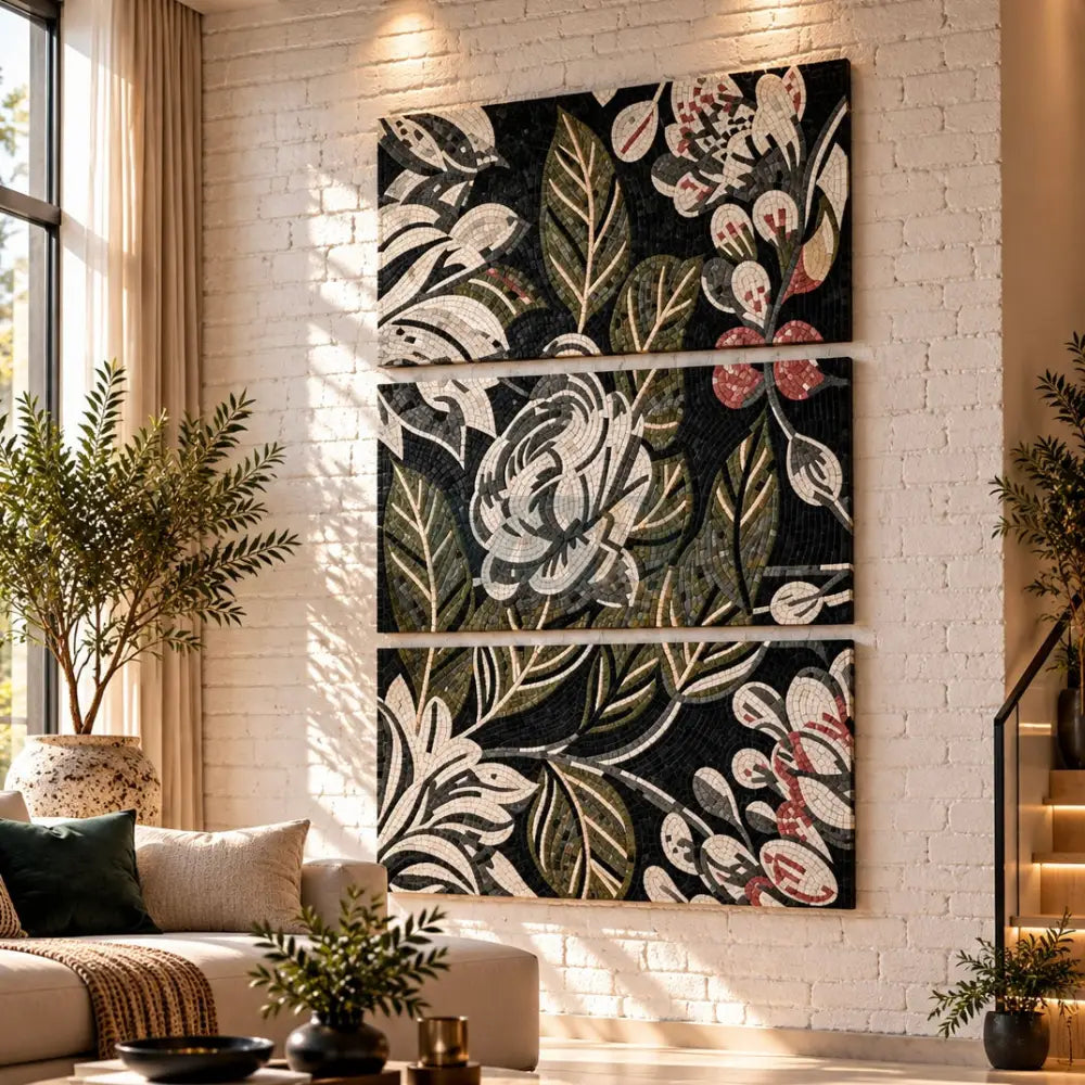 Large Abstract Floral Art for Big Spaces – 3 Panel Mosaic Wall Artwork for Modern Living Room Decor