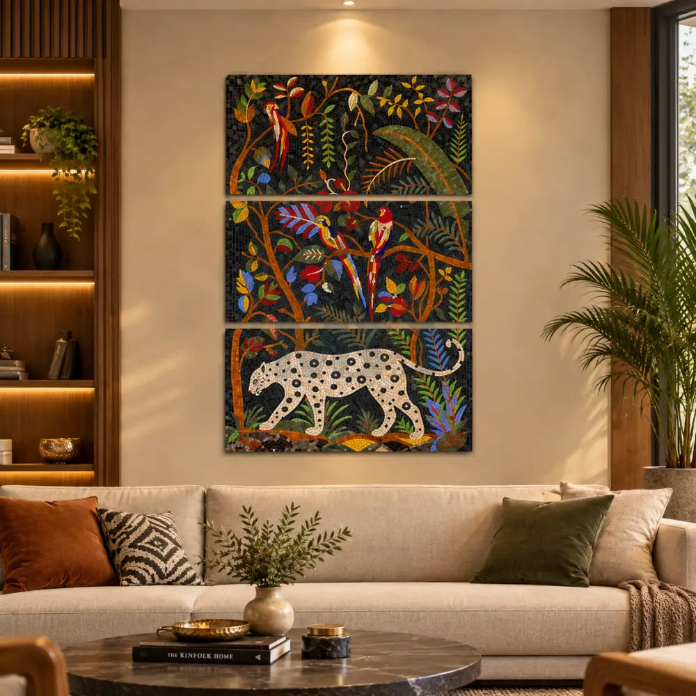 Large Abstract Lion - Parrots Art for Big Spaces – 3 Panel Mosaic Wall Artwork for Modern Living Room Decor - 40’’x24’’