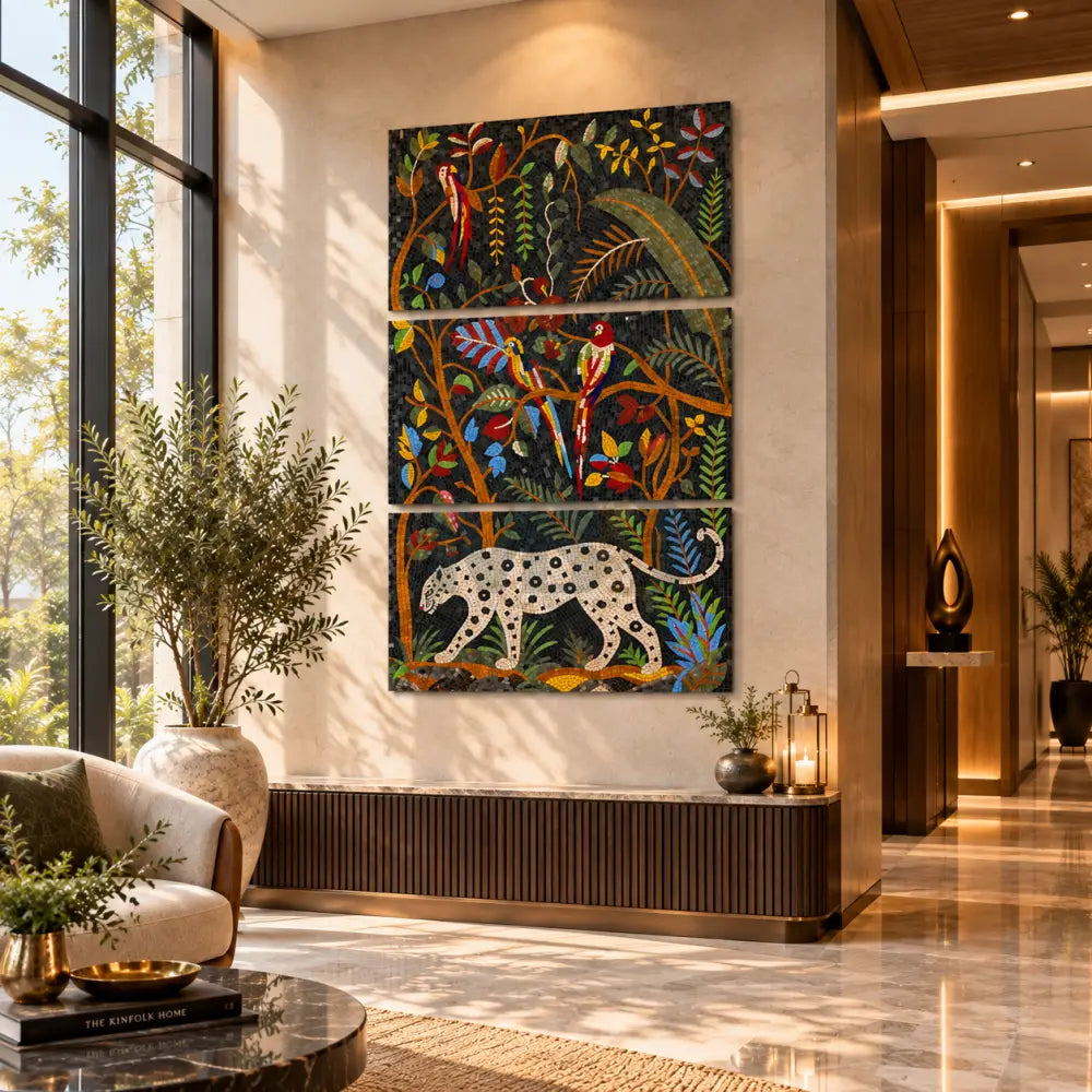 Large Abstract Lion - Parrots Art for Big Spaces – 3 Panel Mosaic Wall Artwork for Modern Living Room Decor - 40’’x24’’