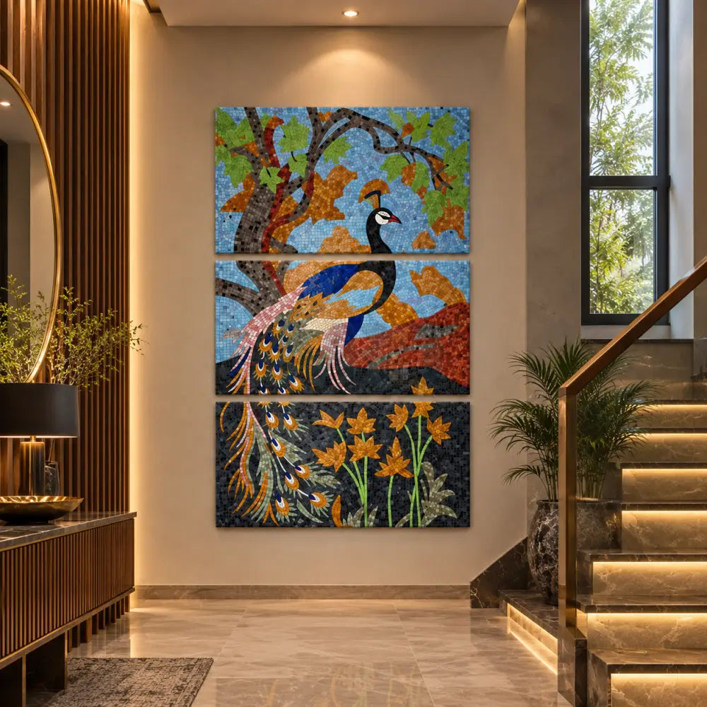 Large Abstract Peacock Art for Big Spaces – 3 Panel Mosaic Wall Artwork for Modern Living Room Decor - 40’’x24’’ / All
