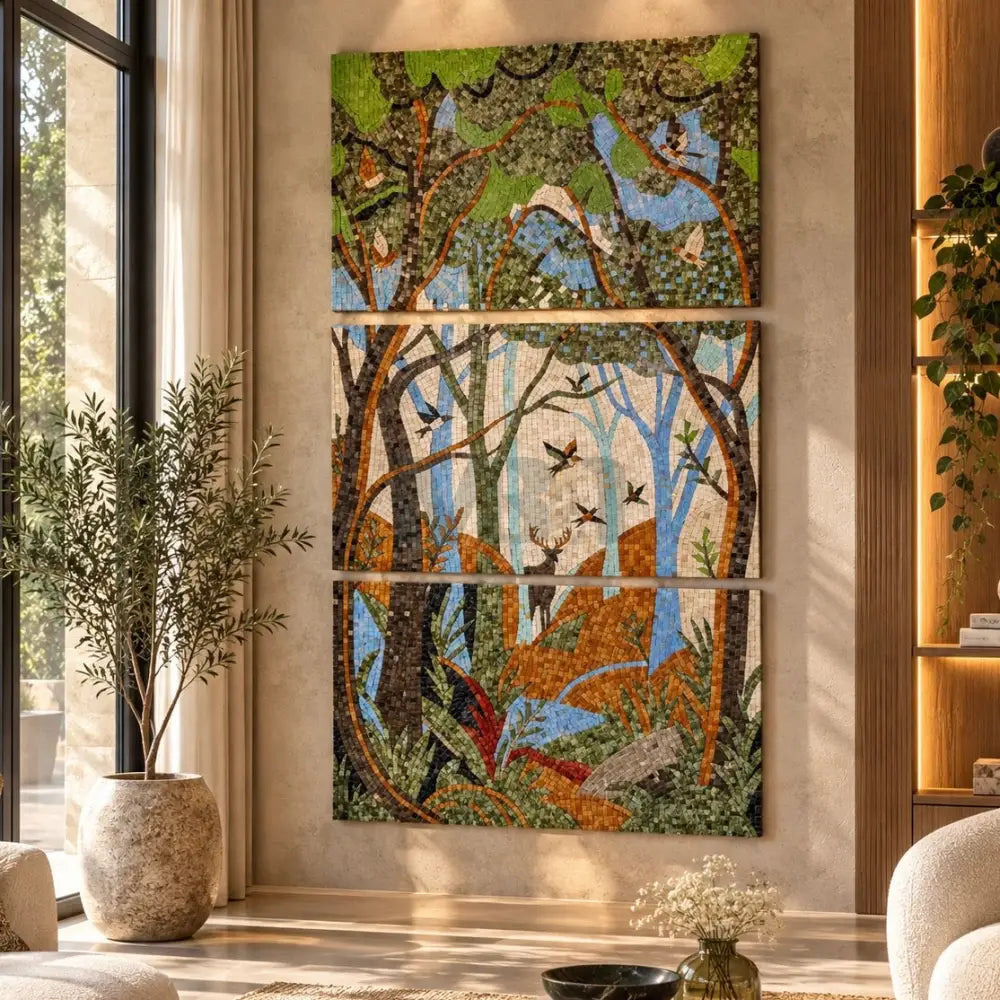 Large Nature Art for Big Spaces – 3 Panel Mosaic Wall Artwork for Modern Living Room Decor - 40’’x24’’ / All Three Panel