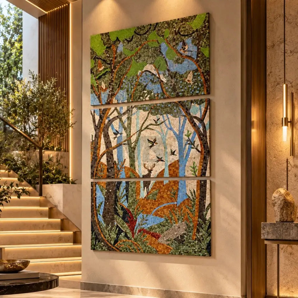 Large Nature Art for Big Spaces – 3 Panel Mosaic Wall Artwork for Modern Living Room Decor - 40’’x24’’ / All Three Panel
