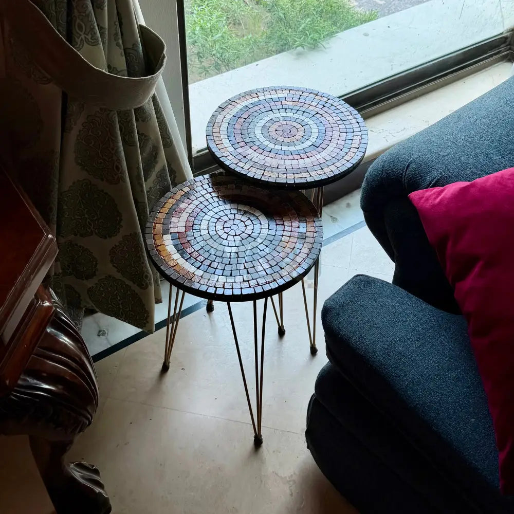 Lux Aim Stones Mosaic Nesting Tables with Multi-Colour Stones Motif