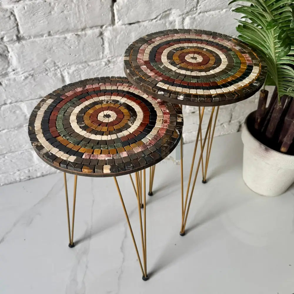 Lux Aim Stones Mosaic Nesting Tables with Multi-Colour Stones Motif