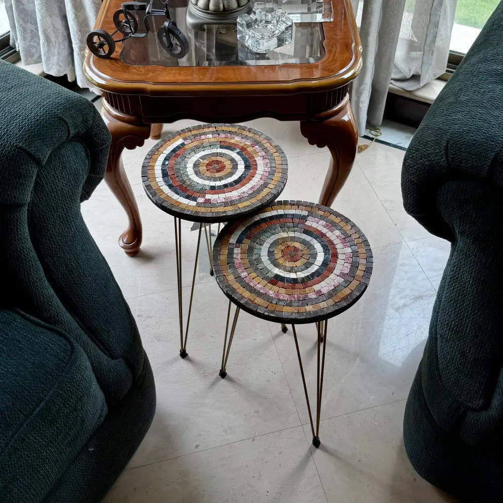 Lux Aim Stones Mosaic Nesting Tables with Multi-Colour Stones Motif