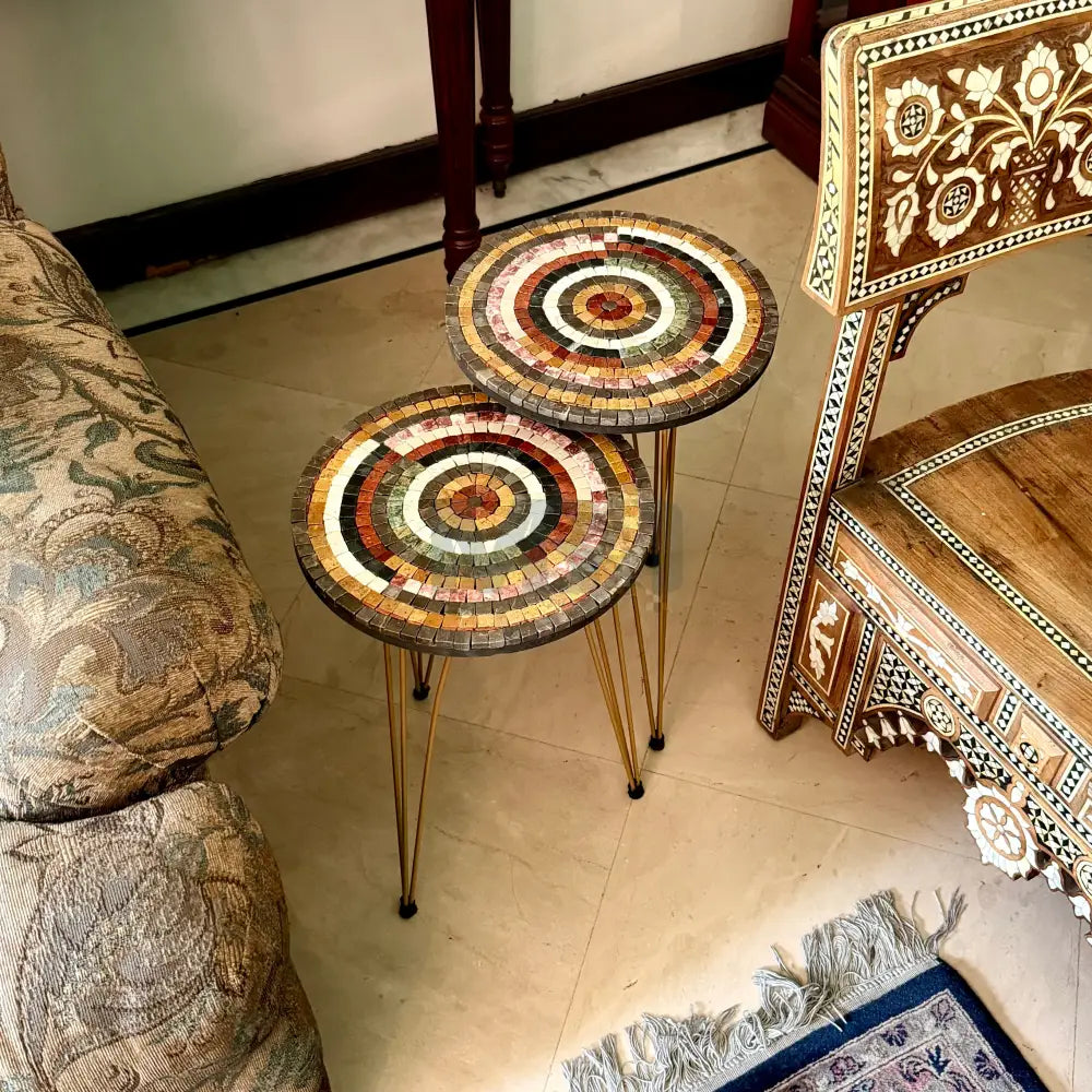 Lux Aim Stones Mosaic Nesting Tables with Multi-Colour Stones Motif