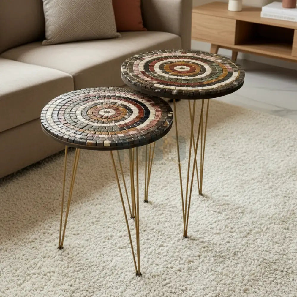 Lux Aim Stones Mosaic Nesting Tables with Multi-Colour Stones Motif