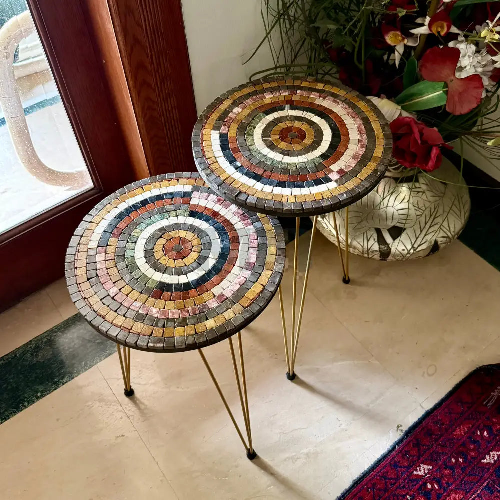 Lux Aim Stones Mosaic Nesting Tables with Multi-Colour Stones Motif