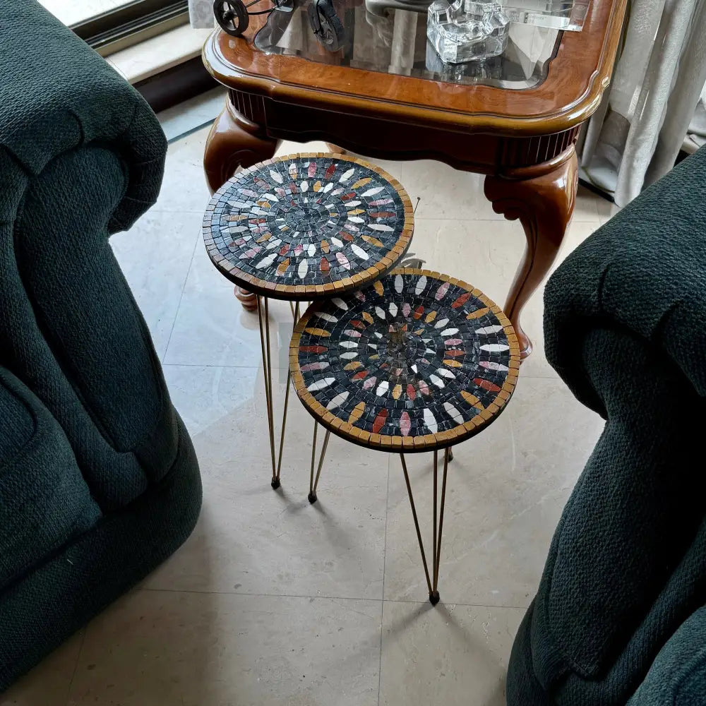 Lux Aurora Mosaic Nesting Tables with Black Multi-Colours Motif