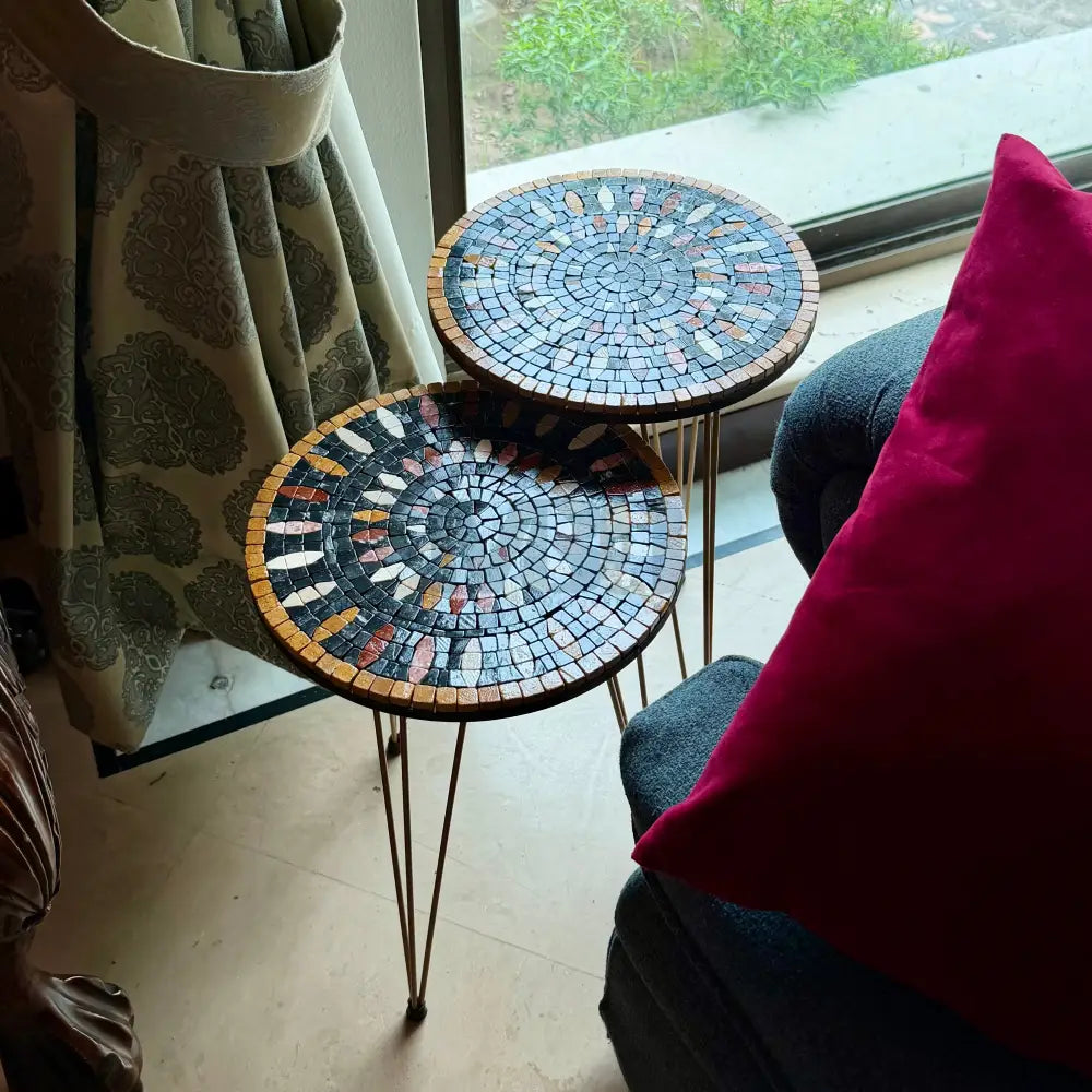 Lux Aurora Mosaic Nesting Tables with Black Multi-Colours Motif