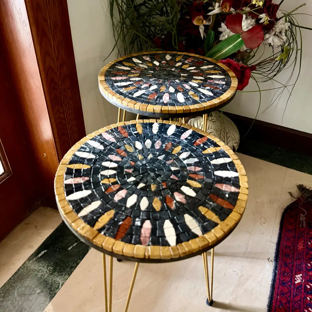 Lux Aurora Mosaic Nesting Tables with Black Multi-Colours Motif