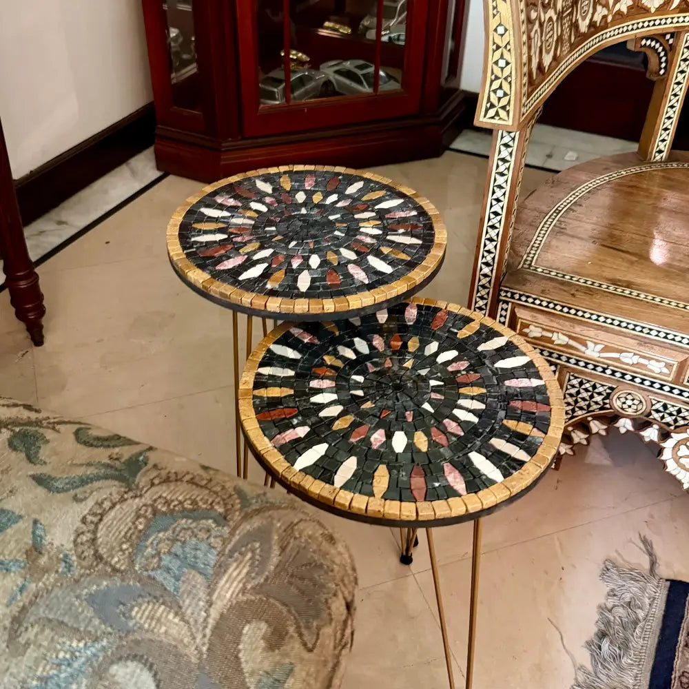 Lux Aurora Mosaic Nesting Tables with Black Multi-Colours Motif